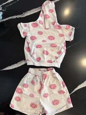 Lola + The Boys White Hoodie & Shorts Set with Pink Smiley Print